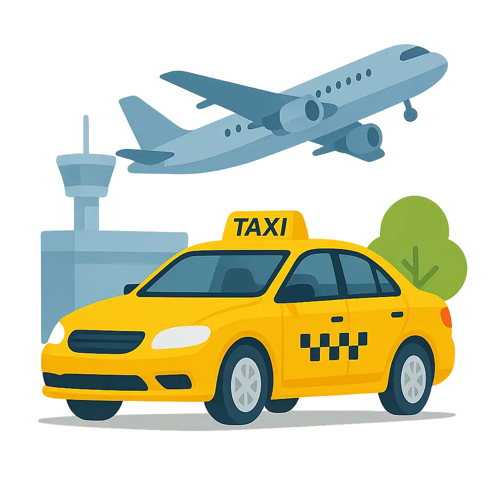 Flughafentransfer Zwickau: gelbes Taxi am Flughafen mit startendem Flugzeug